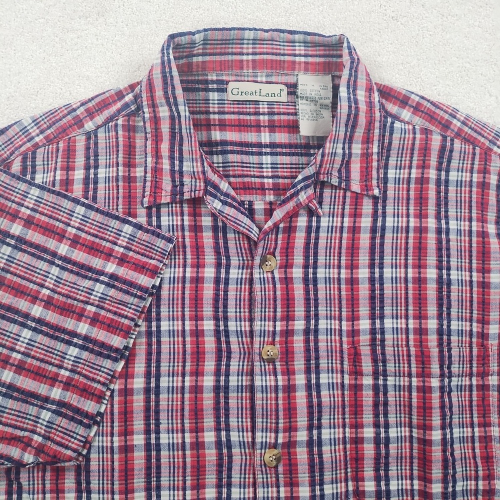 VTG Seersucker‎ Shirt Men's XL Red Blue Plaid Loop Collar Camp Relaxed Button Up